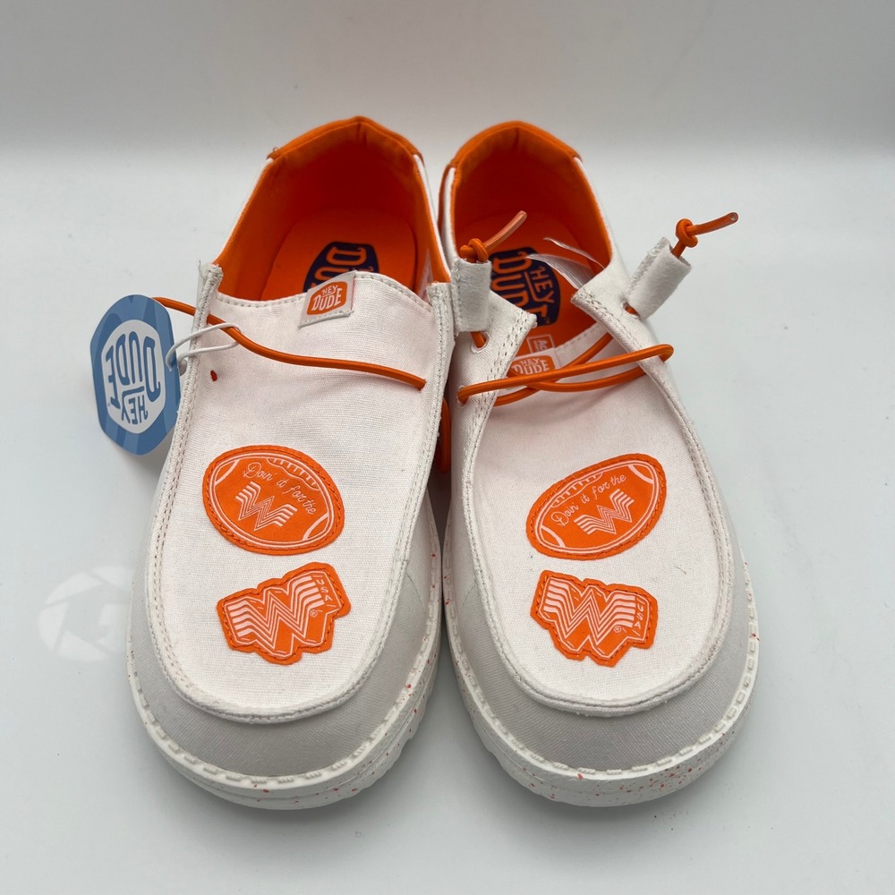 Hey Dude Wendy Whataburger Shoes Womens 9 White Orange Canvas‎ Slip On Loafers - Picture 5 of 11